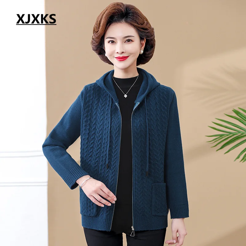 

XJXKS 2023 Autumn And Winter New Fashion Hooded Women's Jackets High-end Wool Knit Zipper Cardigan Ladies Sweater Coat