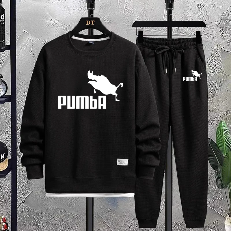 

Новинка 2023, осенний мужской спортивный костюм с вафельным узором, Модный повседневный спортивный костюм с забавным рисунком короля льва, Свитшот и штаны, мужская спортивная одежда