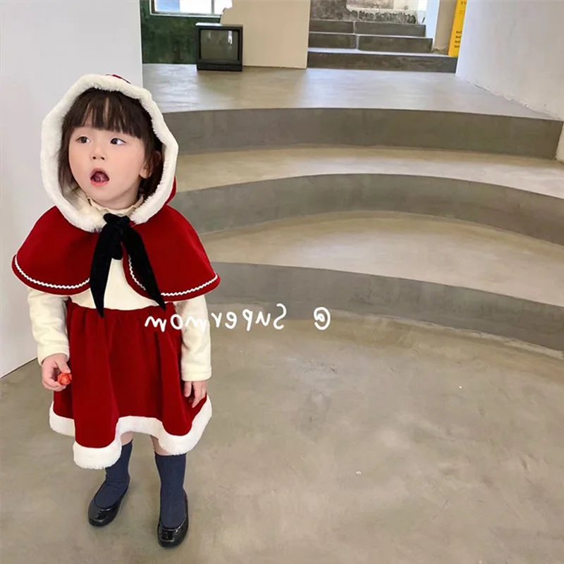 

Baby Girls Christmas Dress with Cape Children Red Velvet Cloak Coat and Dresses Sets Kids Clothes Suit Toddler Halloween Outfit