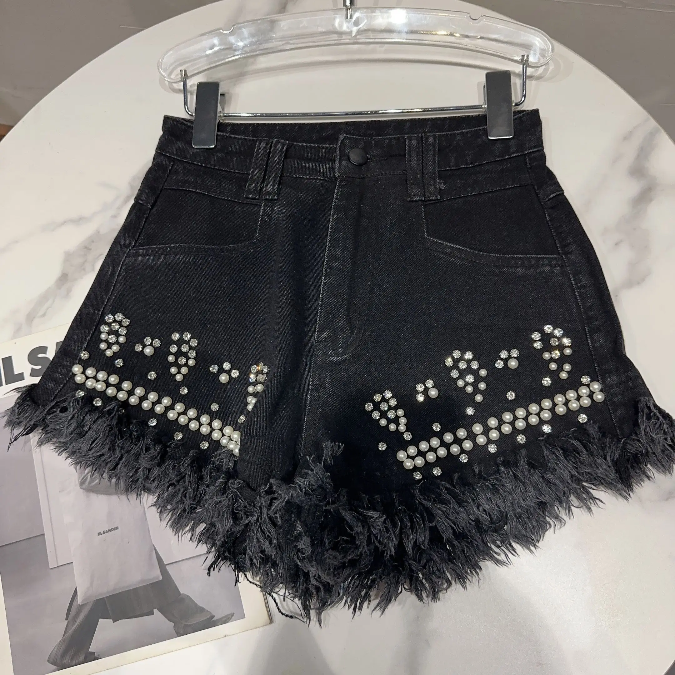 Black Booty Shorts Women Denim Shorts 2023 Spring Summer New Pearl Rhinestone Beaded Burrs Tassels Short Pants Sexy Girl