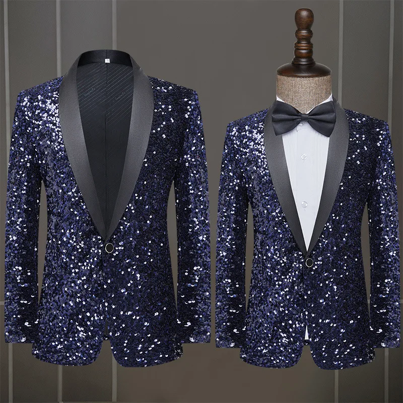 

Men's Dress Sequins Stage Performance Suit Host Singer Navy Coat Man Jacket