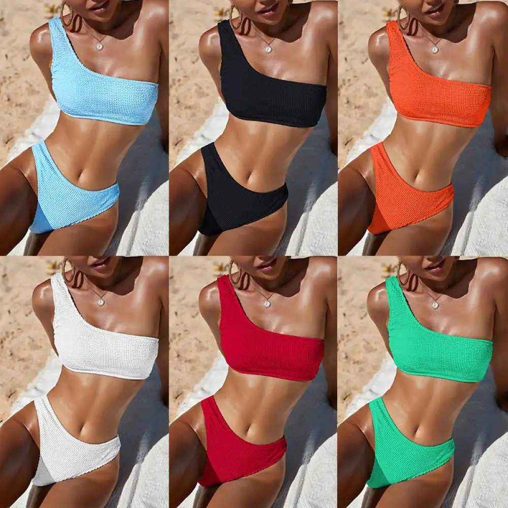 Solid Color Snake One Shoulder High Waist Bikini Sexy Swimsuit Women's Swimwear 2022 Swimsuit Woman 2 Pieces Bathing Suits