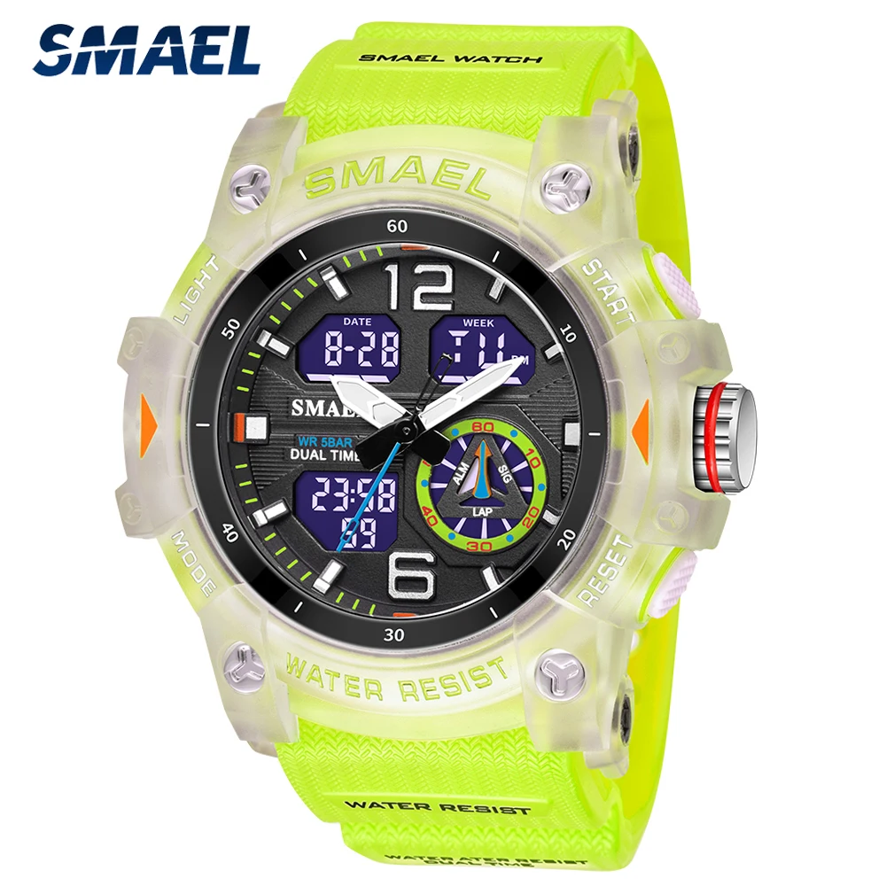 

Мужские спортивные армейские часы SMAEL, водонепроницаемые аналоговые цифровые часы с двойным дисплеем и будильником, 5 АТМ, 2023