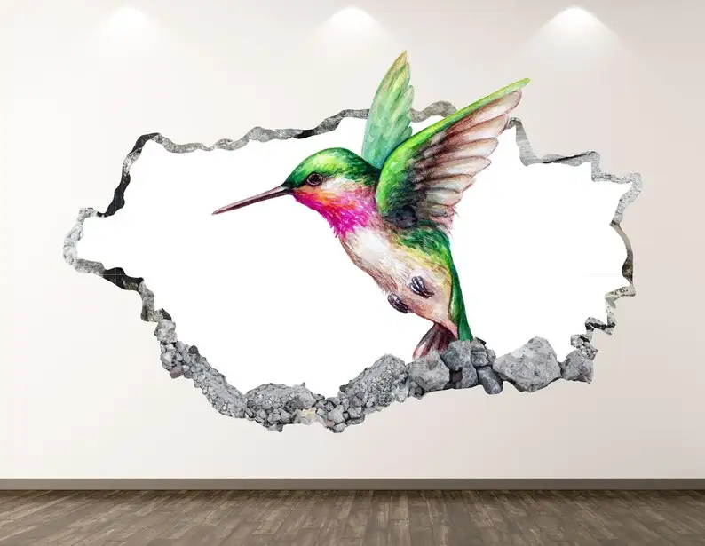 

Hummingbird Watercolors Wall Decal - Animal 3D Smashed Wall Art Sticker Kids Room Decor Vinyl Home Poster Custom Gift KD2124