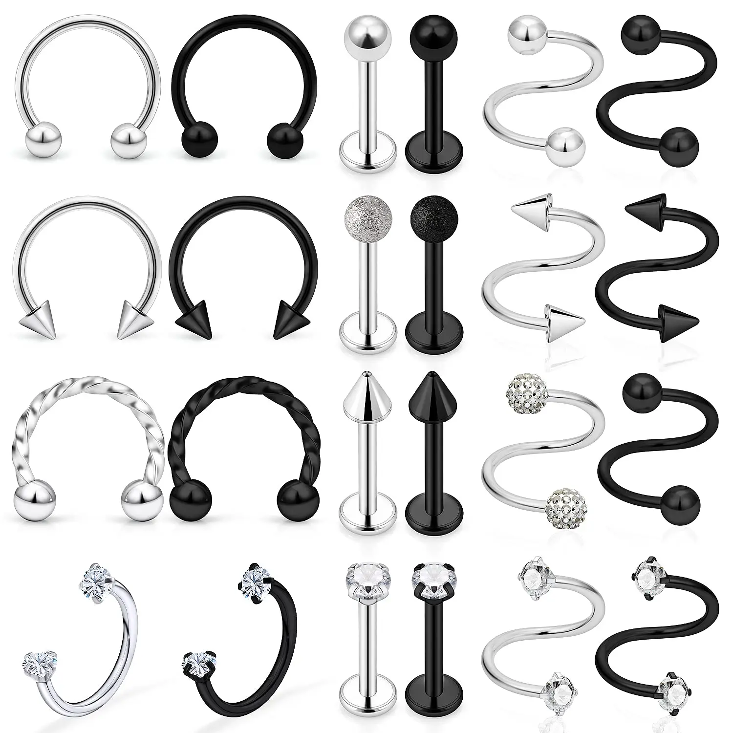 

24Pcs Mixed Style 16G Lip Ring Studs Piercing Jewelry Surgical Steel Tragus Horseshoe Septum Ring Twist Helix Cartilage Piercing