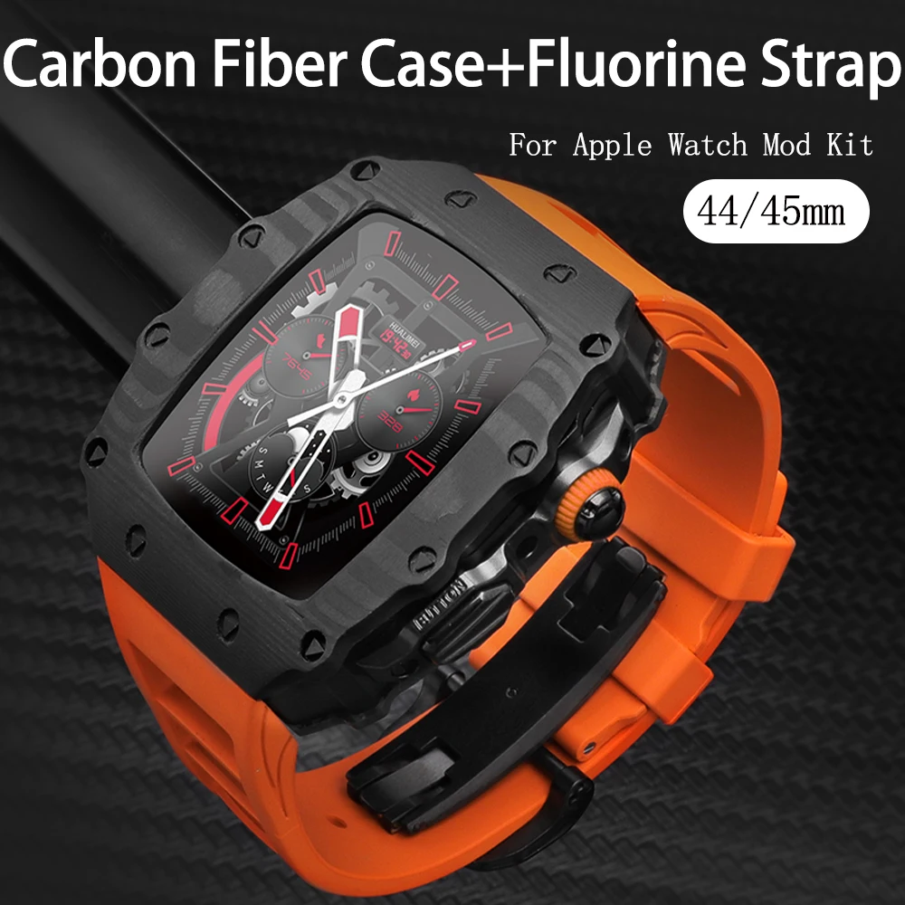 

Carbon Fiber Case Modification Kit for Apple Watch Series 8 7 45Mm 44Mm Fluororubber Strap for Iwatch Refit Mod Kit Bezel Band