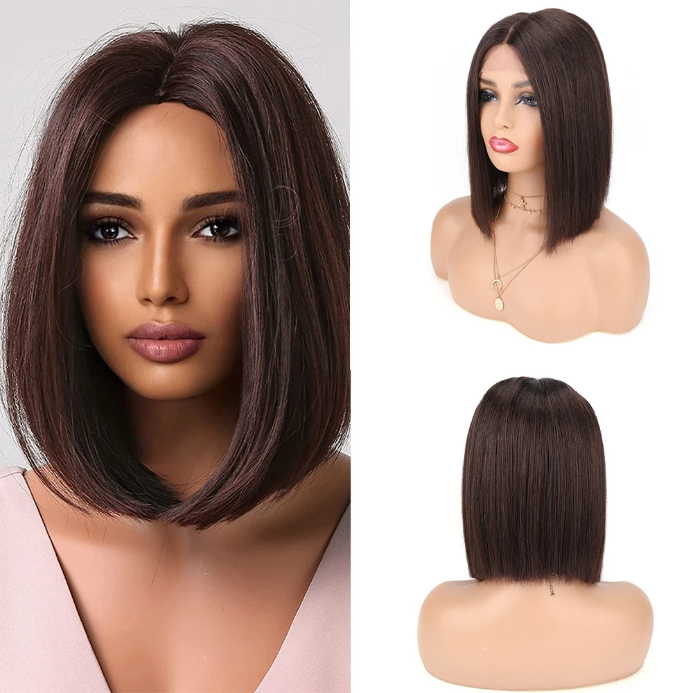 Berry T Part Bob Lace Front Human Hair Wigs for Women 12Inch Brazilian Straight Short Brown Bob Hair 13X1 Lace Human Hair Wigs