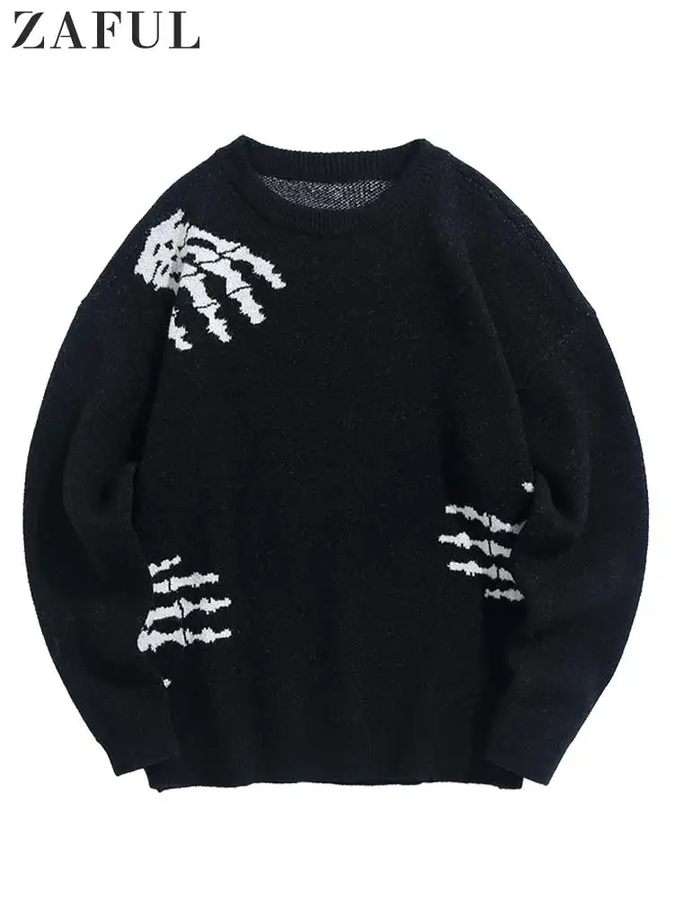 

ZAFUL Men's Sweater for Halloween Skeleton Hands Graphic Sweater Knitted Pullover Autumn Winter O-Neck Streetwear Tops masculino