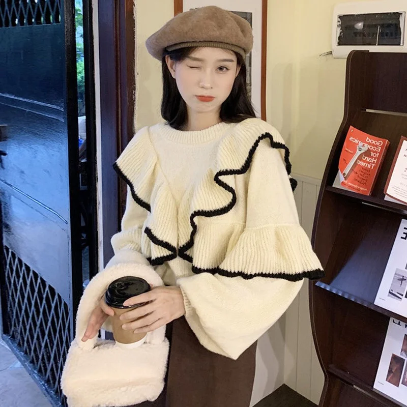 

Design Sense Ruffled Sweater Women's Autumn Winter New Loose and Lazy Korean Style Stitching Pullover Warm Knitted Top