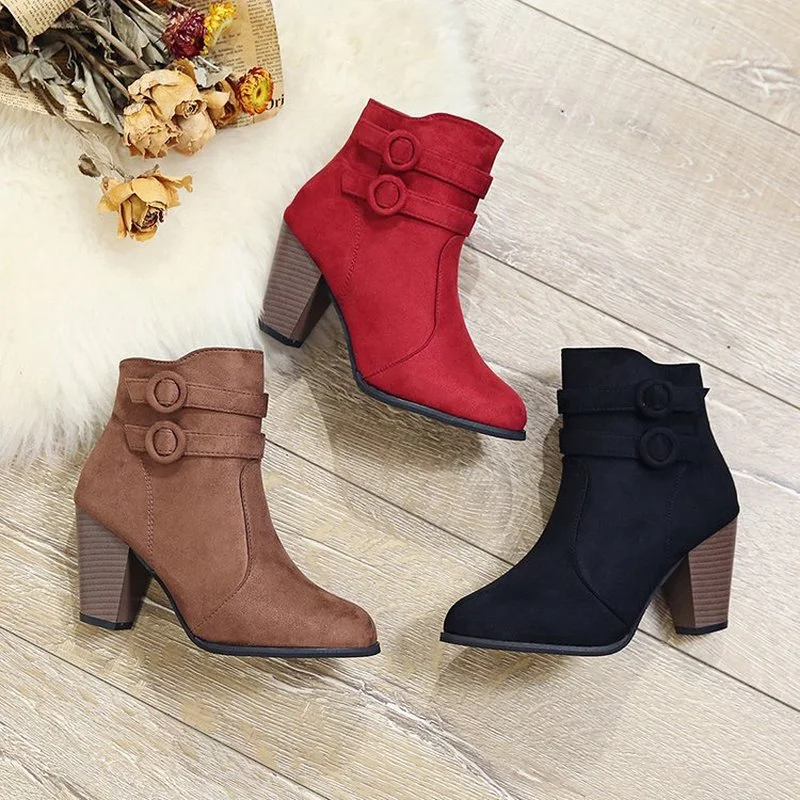 2022 New Spring Autumn Women Boots Flock Ankle Shoes Fahsion High Heels Shoes Woman Botas De Mujer Casual Plus Size Ladies Boots