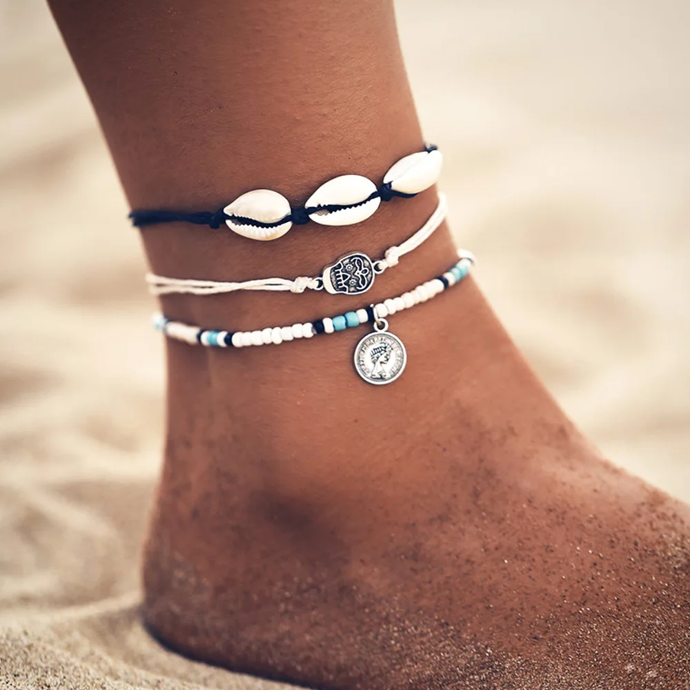 

Knotted shell black rope creative retro head badge chic skull three-piece anklet women's accessories beach anklets
