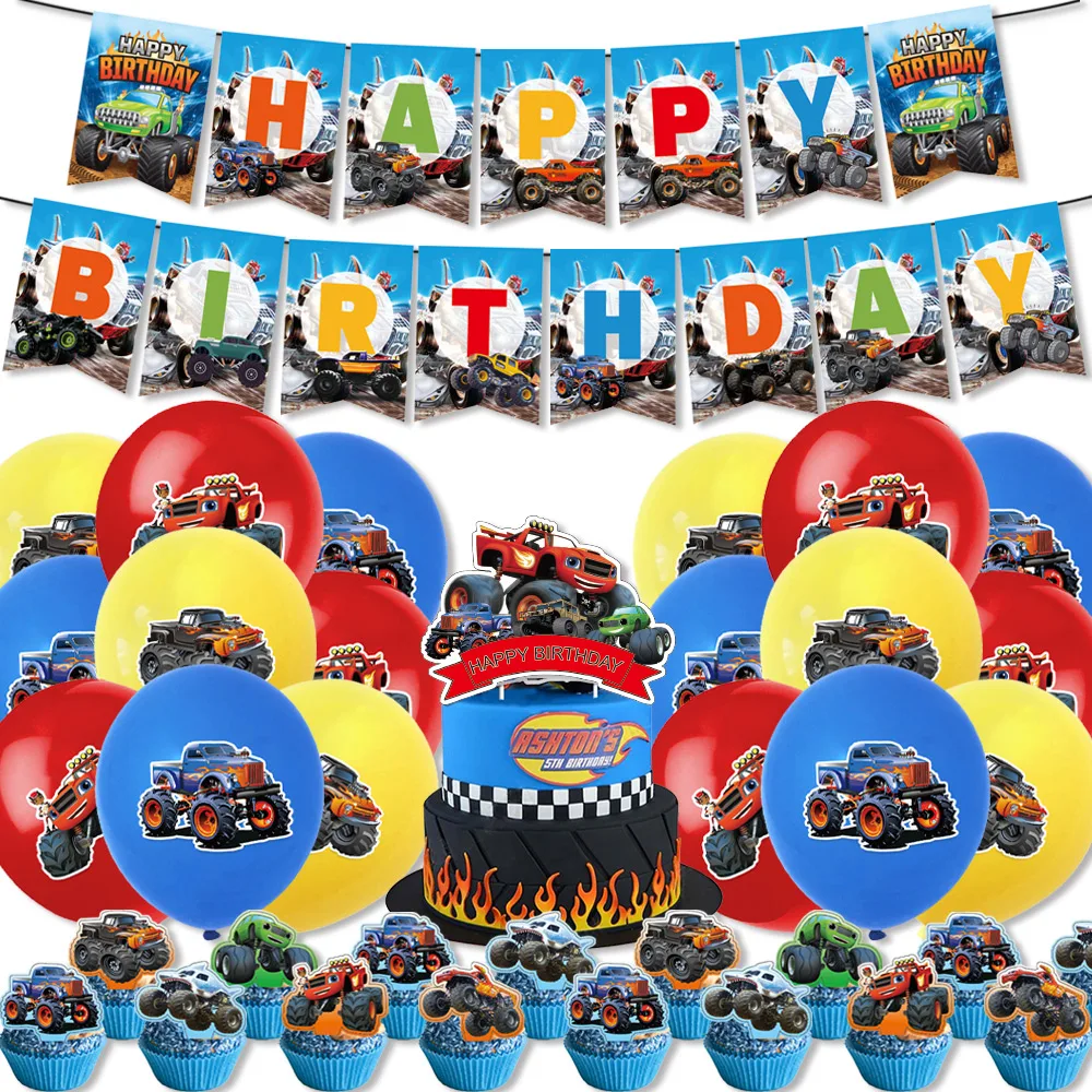 

Monster TruckTheme Party Decorations Monster Jam Baby Shower Balloons Cupcake Flags Ceiling For Kids Birthday Party Decorations