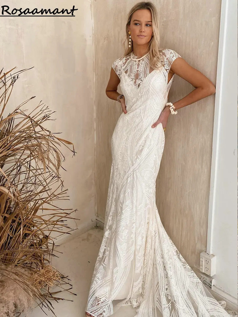 

Bohemian Illusion O-Neck Cap Sleeve Mermaid Wedding Dresses Open Back Lace Appliques Country Bridal Gowns