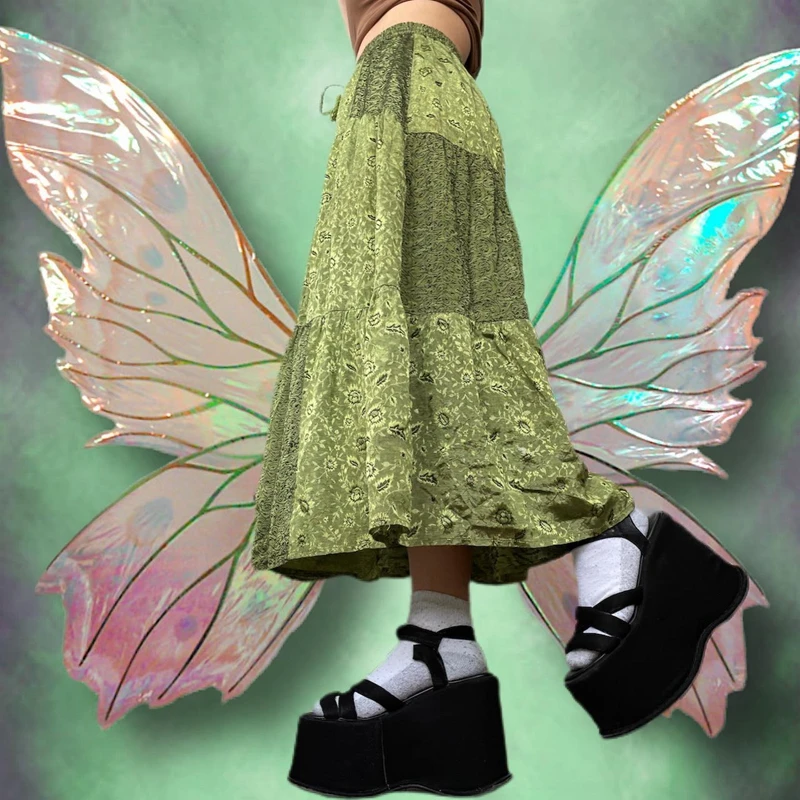 

90s Vintage Women High Waist Midi Skirt Y2K Aesthetic Fairycore Green Patchwork Pleated Skirt Harajuku Grunge Korean Streetwear