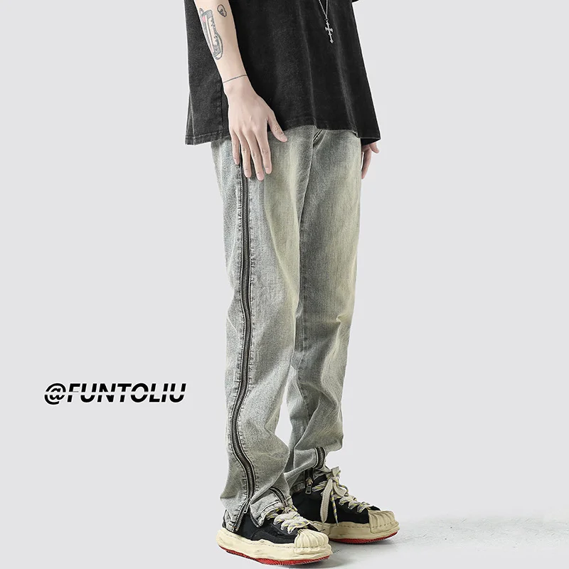 

High quality Jeans men's summer loose high street straight wide leg trousers design sense zipper split casual pants ins fashion