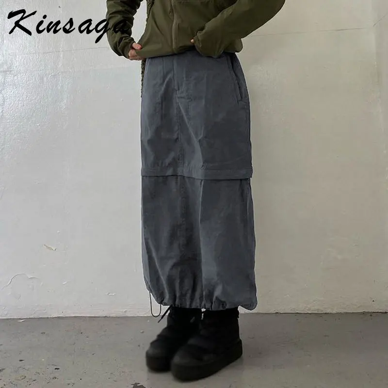 

Vintage Fairycore Grunge Drawstring Hem Women Cargo Skirts Cyber Y2k Chic Gray Low Waist Pocket Patchwork Long Straight Skirts