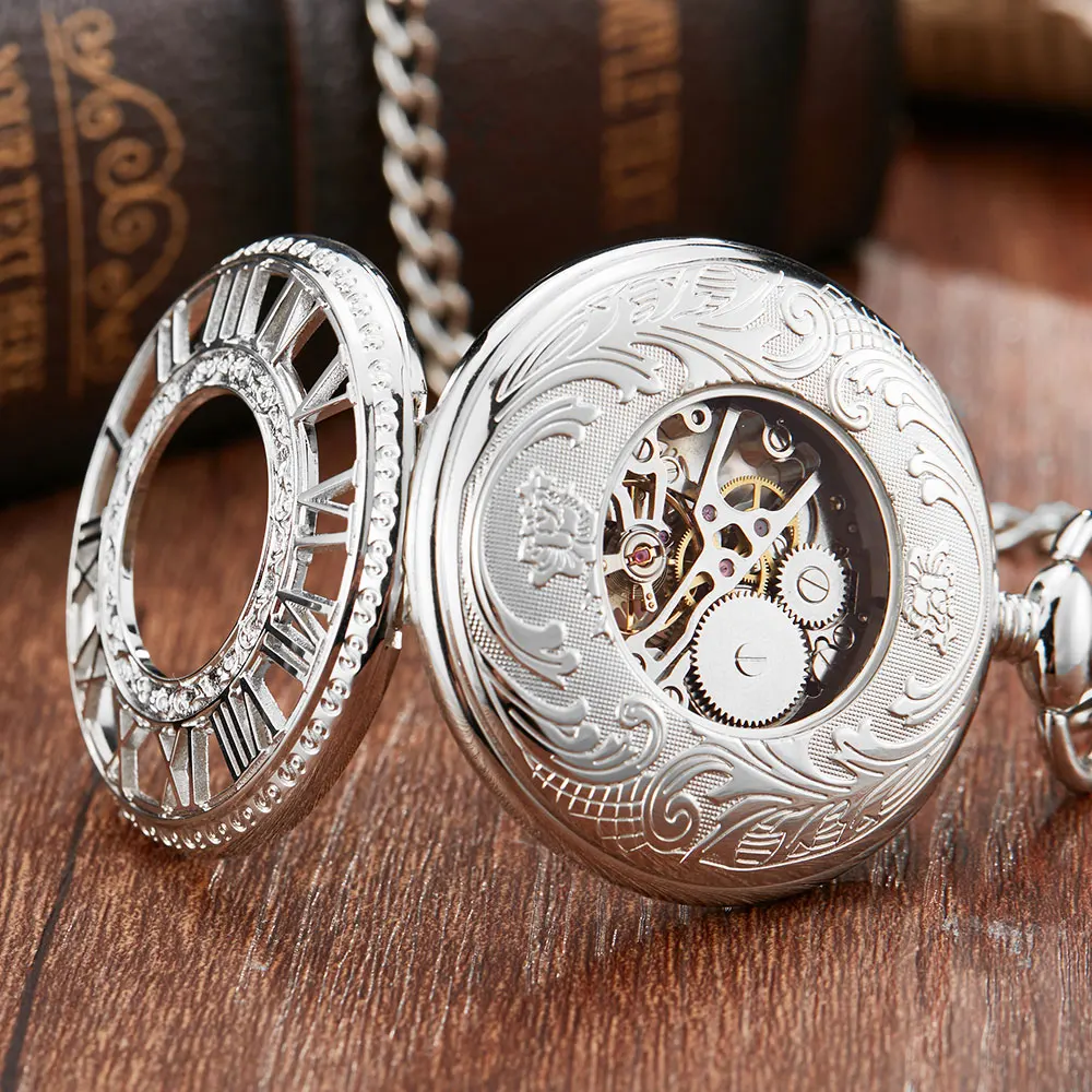 Silver Mechanical Pocket Watch With Chain Vintage Roman Numerals Hollow Sculpture Hand Wind Mechanical Pocket Watches Men