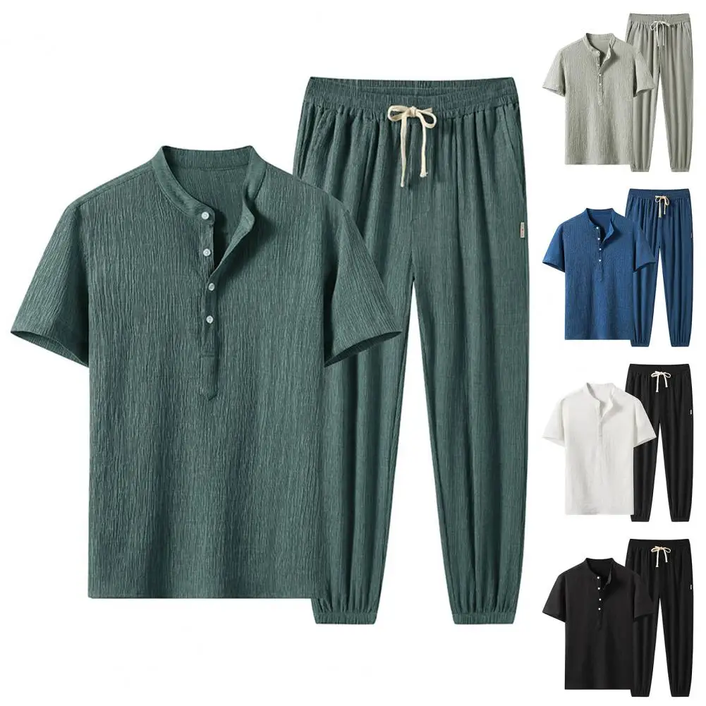 

Футболка мужская с круглым вырезом, дышащая рубашка с воротником на пуговицах, брюки с эластичным поясом и кулиской, 1 комплект