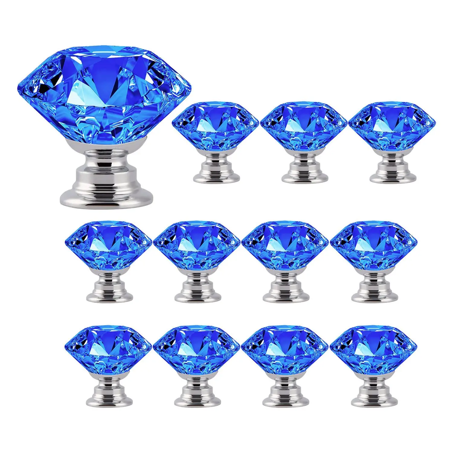 

12 Pcs 30MM Crystal Clear Glass Dresser Knobs Diamond Drawer Knobs Pulls Handles Kitchen Cabinet Knobs (Blue)