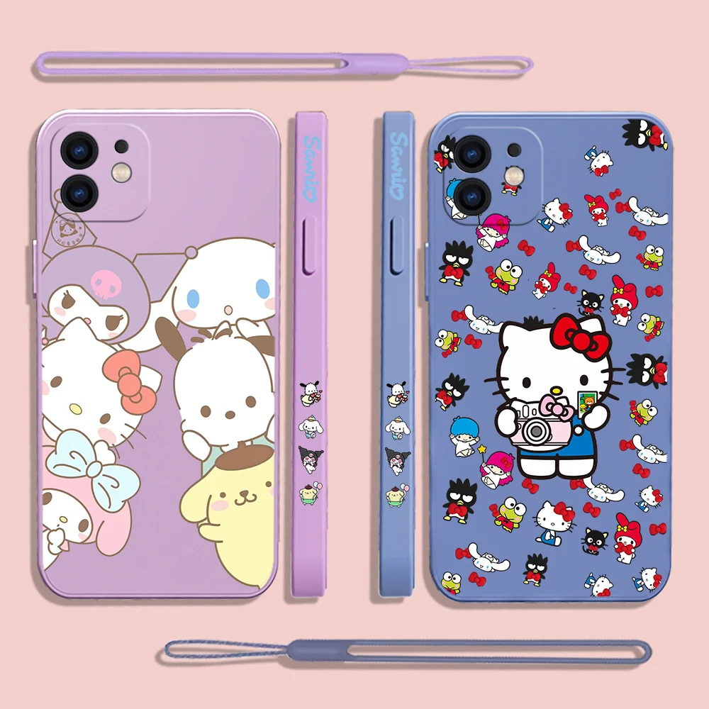 Sanrios Hello Kitty Phone Case For iPhone 14 13 12 11 Pro Max Mini X XR XS MAX 8 7 Plus 6 6S Plus Silicone Cases with Hand Strap