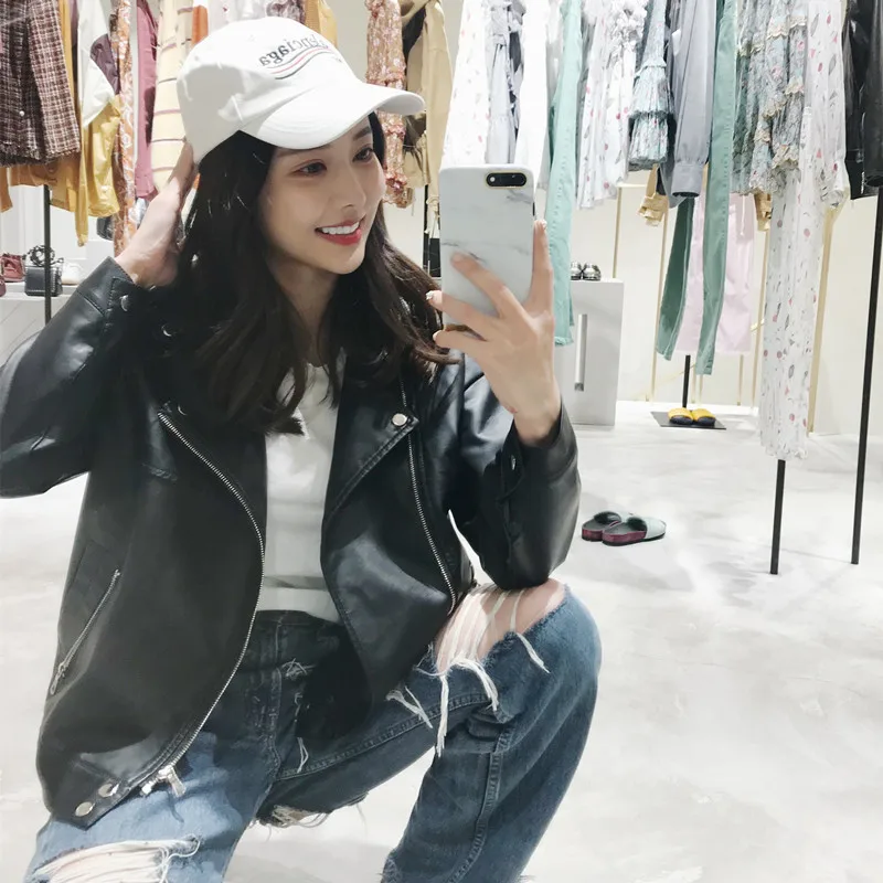 spring  autumn clothing pu skinny leather jacket women's short Korean  student chic motorcycle leather jacket women's coat