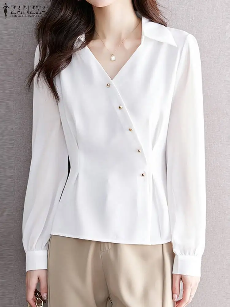 

ZANZEA Women Fashion Irregular Blouses 2023 Autumn 3/4 Puff Sleeve Tops Elegant Buttons Shirts Casual Solid V-neck Holiday Blusa