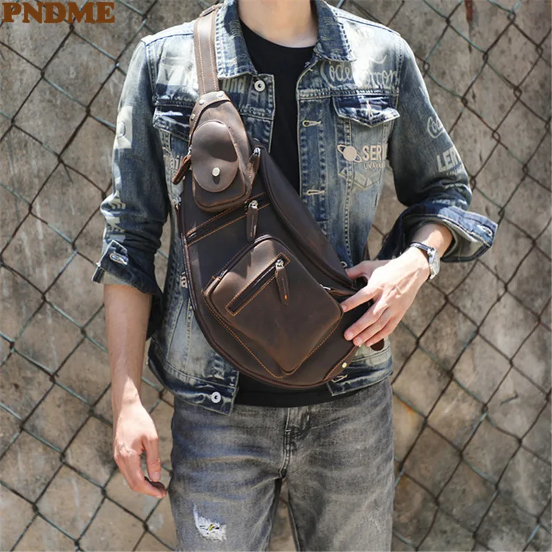Vintage genuine leather men's multi-pocket personality chest bag designer natural crazy horse cowhide outdoor shoulder bag