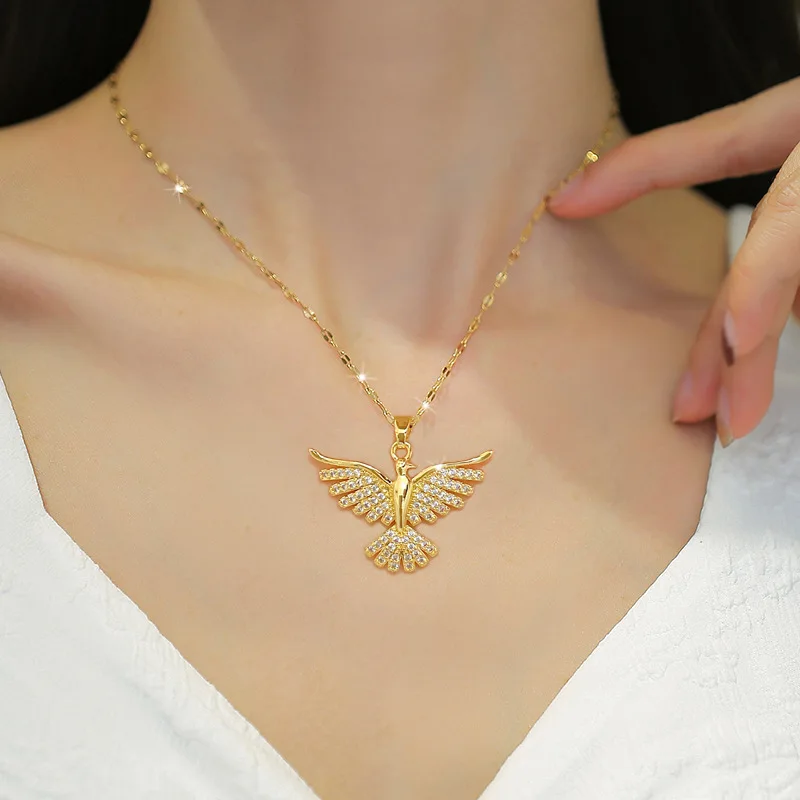 DIEYURO 316L Stainless Steel Phoenix Eagles Pendant Necklace For Women Girl 2023 New Trend Choker Neck Chain Jewelry Gift Party