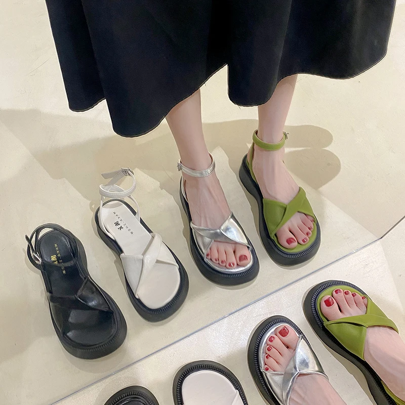 

Женские сандалии на танкетке, бежевые босоножки на ремешке с пряжкой, обувь средней высоты в стиле ретро, 2022