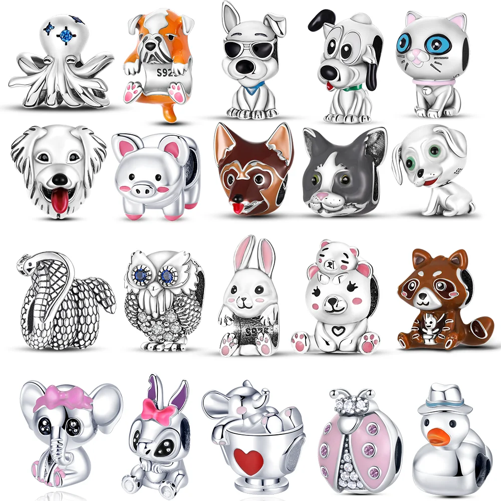 Шармы-бусины для браслета серебро 925 пробы божья коровка слон резинка лиса собака