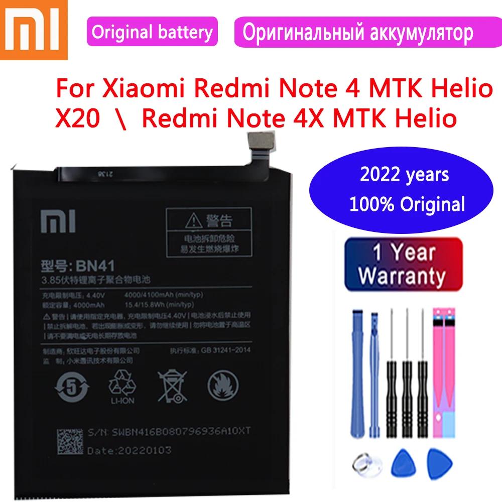 2022 Xiaomi оригинальный сменный аккумулятор BN41 4100 мАч для Redmi Note 4 MTK Helio X20 4X батарея |