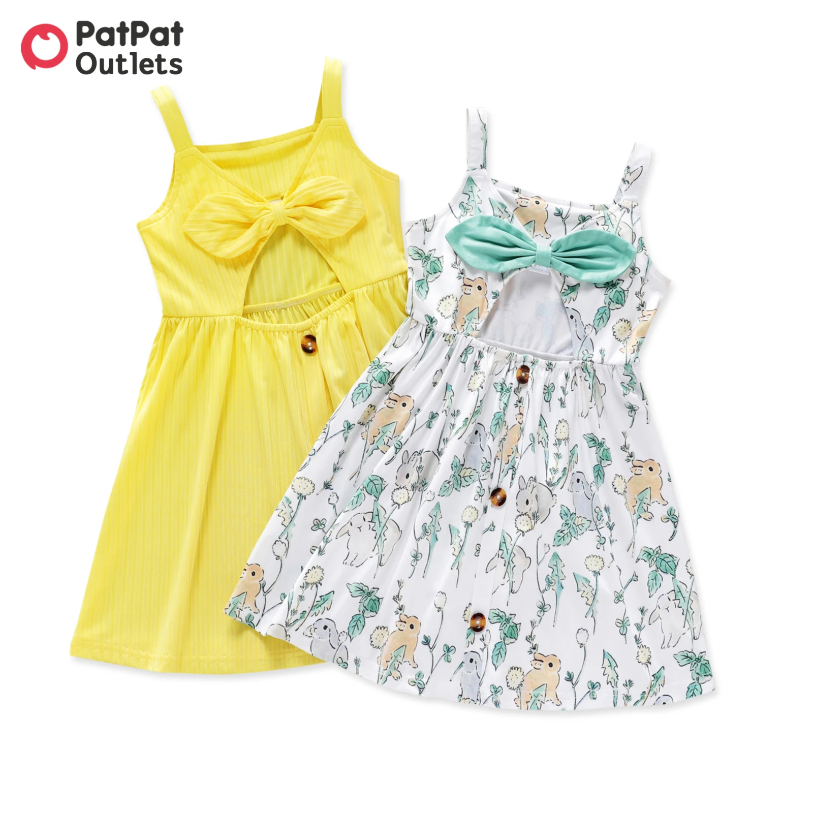 

PatPat 2-Pack Toddler Girl Cut Out Bowknot Design Rabbit Print/Yellow Cami Dress Children Clothing High Quality