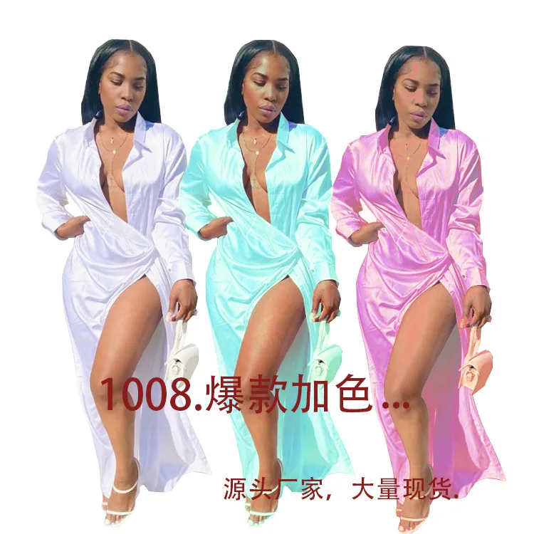 

Elegant Women Satin Long Sleeve High Side Split Slim Long Maxi Dress 2022 Summer Turn-down Neck Shirt Style White Dresses
