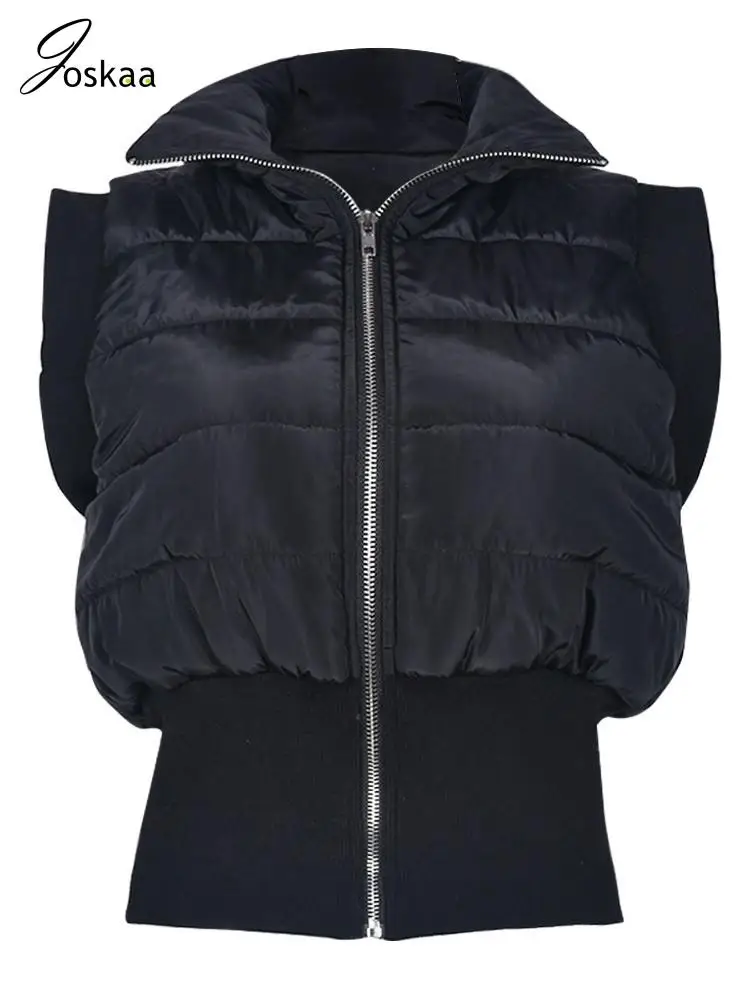 

Joskaa Patchwork Black Cotton Waistcoat Women Stand Collar Zipper Sleeveless Crop Padded Jacket Winter 2023 Outwear Streetwear
