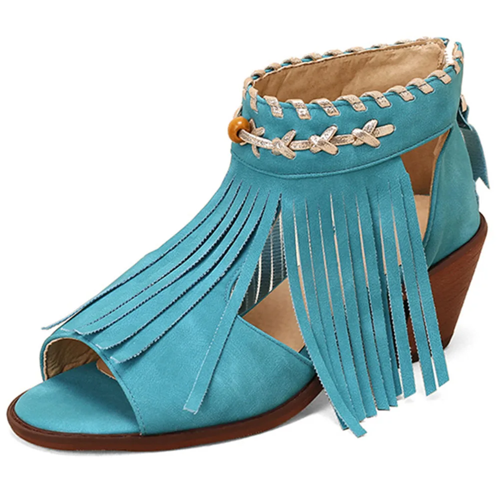 

Женские босоножки на квадратном каблуке, повседневные сандалии с бахромой, на молнии, в богемном стиле, большие размеры, лето 2023