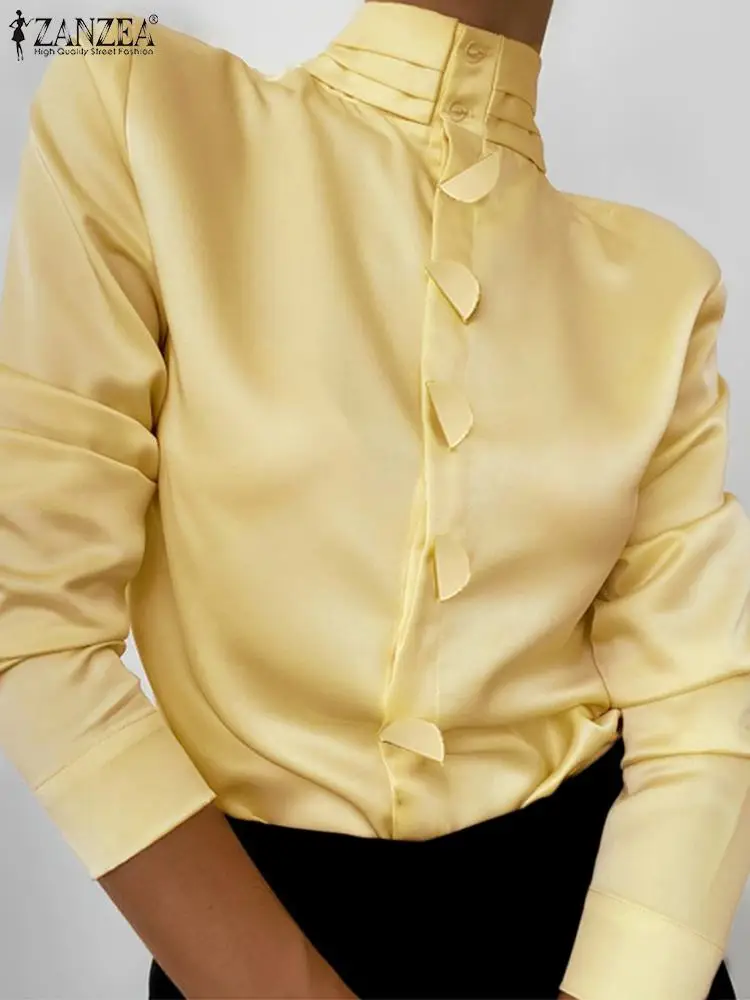 

Рубашка ZANZEA Женская с длинным рукавом, модная плиссированная блузка с высоким воротником, элегантный атласный Шелковый топ на пуговицах, осень 2023