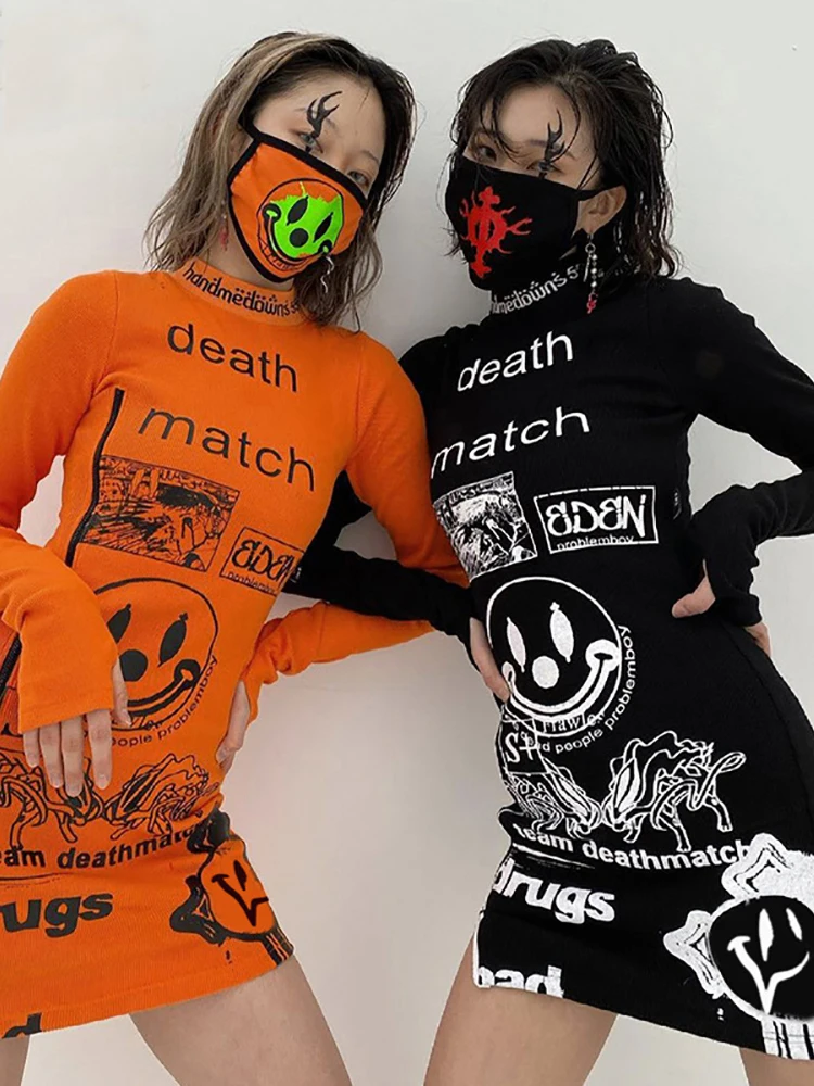 Goth Dark Grunge Aesthetic Graphic Printed Gothic Dresses Punk Black Long Sleeve Autumn Pencil Midi Dress Bodycon Streetwear Emo