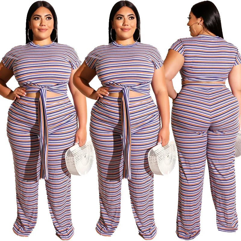 Plus Size Women Sexy Two Pieces Sets Summer 2019 Female Short Sleeve Pants Elasticity Striped Casual 3xl 4xl 5xl 6xl