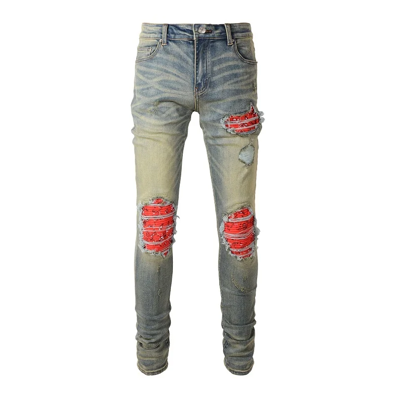 

Light Men's New Arrival Blue Distressed Skinny Stretch Streetwear Tie Dye Bandana Patchwork Destroyed Slim Fit Denim Jeans Pants
