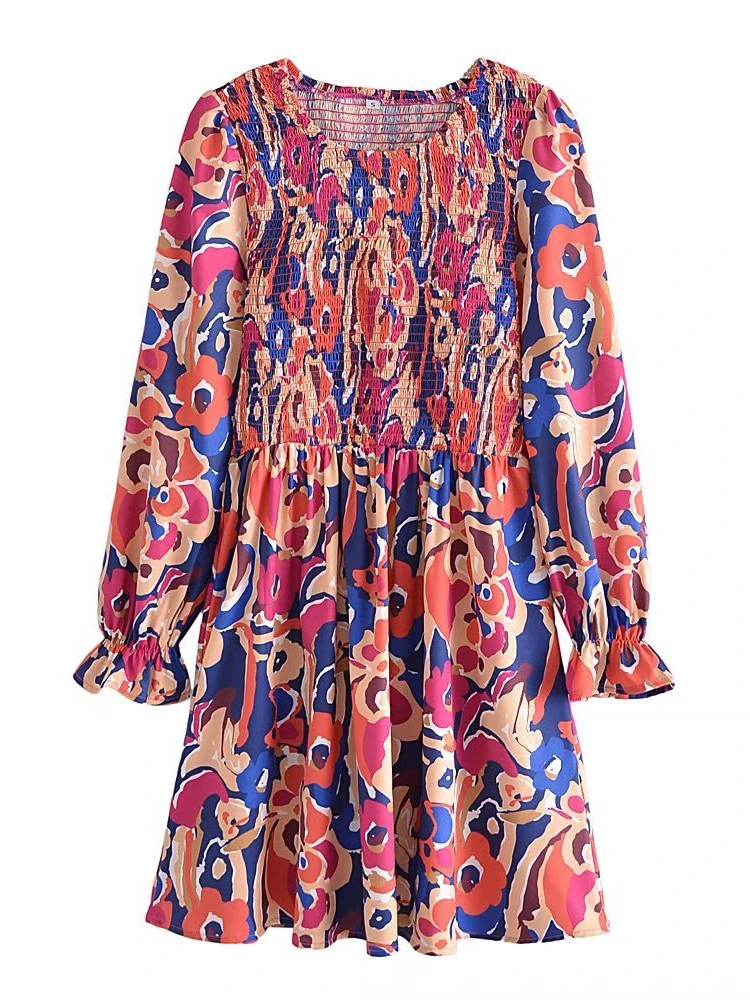 

Spring and Autumn Fashion Relaxed Casual Round Neck and Knee-length Long Sleeve Printed Dress Dresses Women Party A-LINE