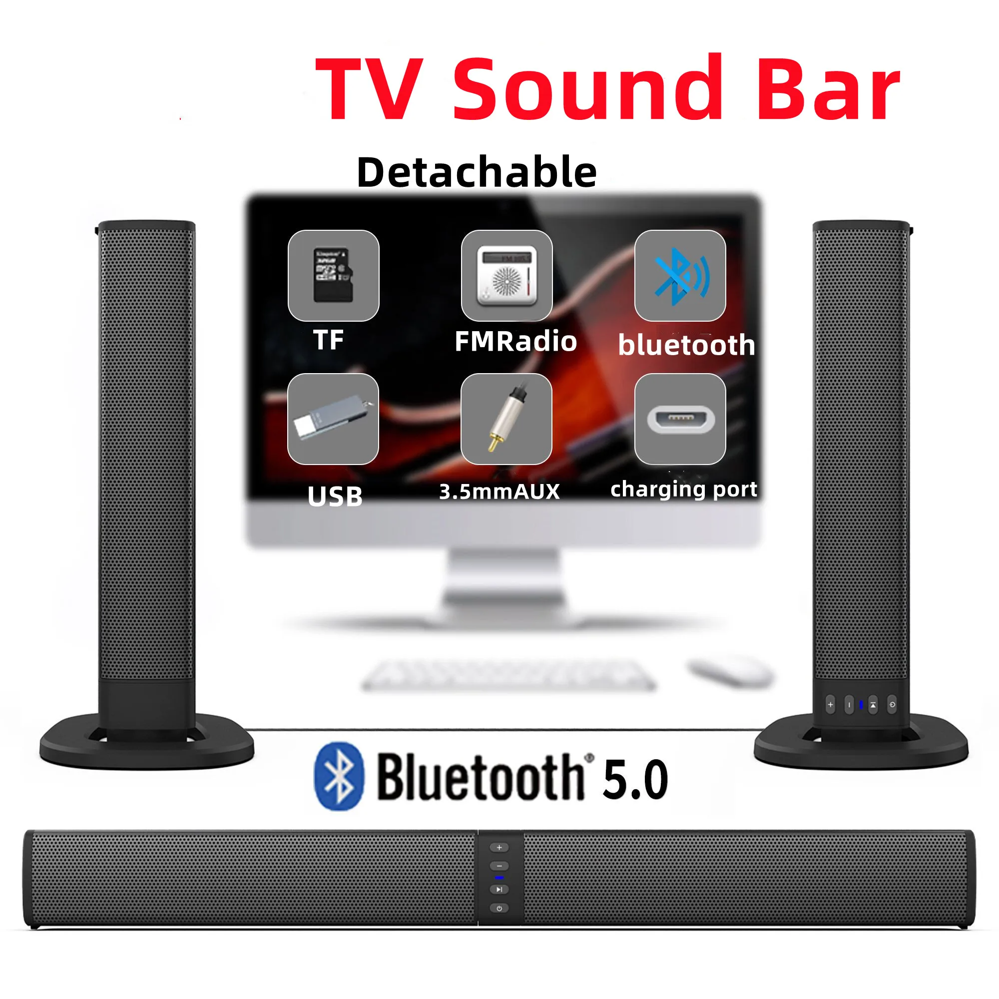 TV Soundbar Wireless Bluetooth Speakers Separated Column Home Theater Subwoofer with Fm Radio TF AUX for Computer TV boom box