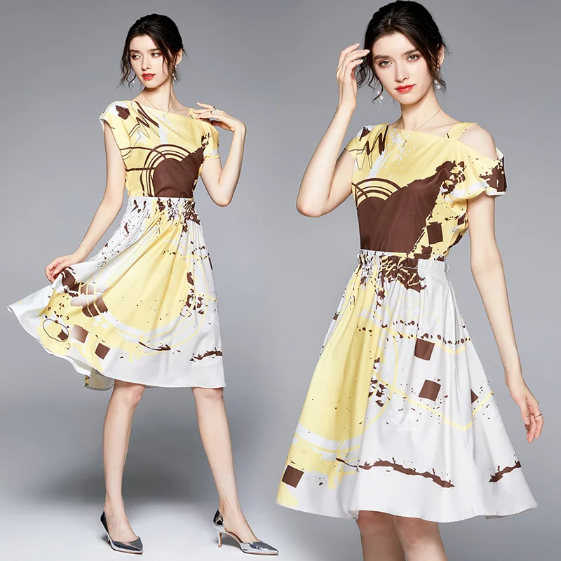

Women's Clothing Fashion Dress Single Halter Belt Short Sleeve One-line Skirt Summer Temperament Shoulder Print Dress