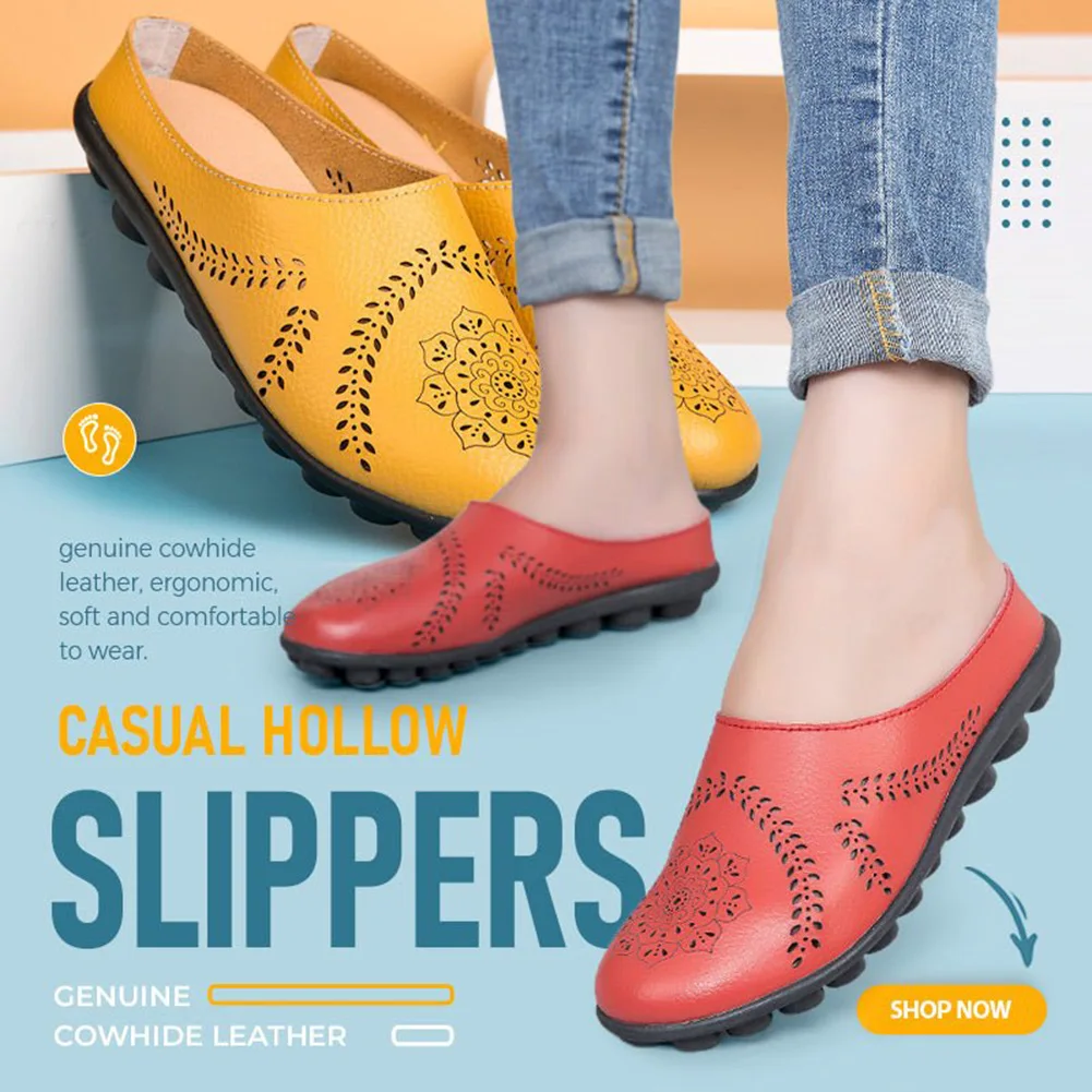 Genuine-Leather Women Shoes Breathable All-match Hollow Pattern Slippers For Women Daily Wear