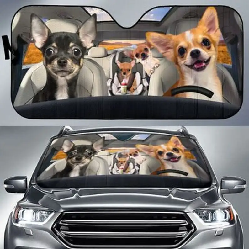 

Chihuahua Family Funny Safe And Driver Auto Sun Shade1 Personalized Sunshade, Custom Animal Pattern Sunshade,