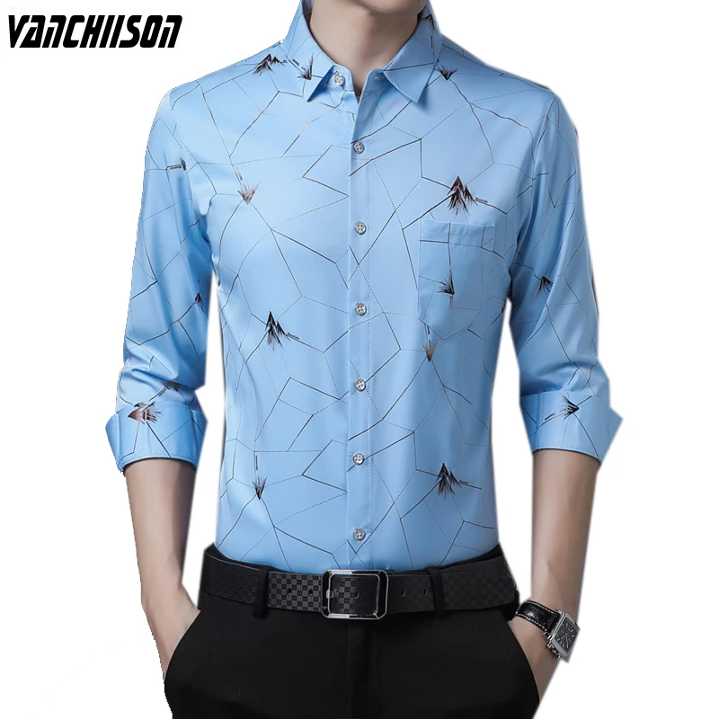 

Men Brand Shirt Long Sleeve Fashion Asymmetrical Print 93% Polyester 7% Spandex Sky Blue Turndown Collar Male Fashion 00192068