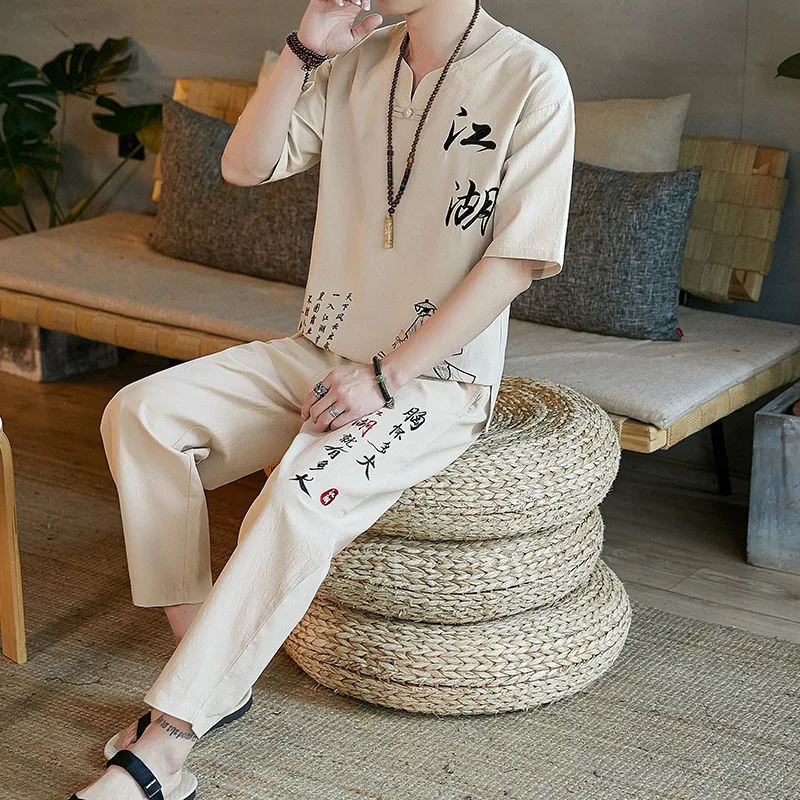 

Chinese Style Summer Suit for Men2022New Men's Casual Large Size Cotton and Linen Short Sleeve Ankle-Length Pants Pants Buckle G
