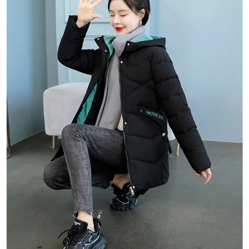 2022 Winter Jacket Women Medium and Long Womens Thicken Outerwear Solid Hooded Coats Zipper Female Slim Cotton Padded Basic Tops