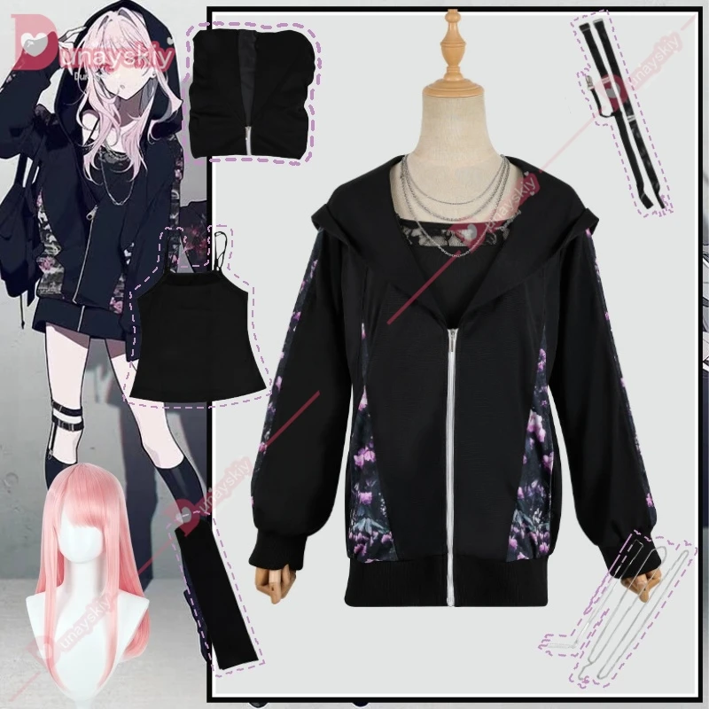 Project Sekai 25 Nightcord Akiyama Mizuki Cosplay Costume Daily Suit Black Hoodie Wig Women Christmas Halloween