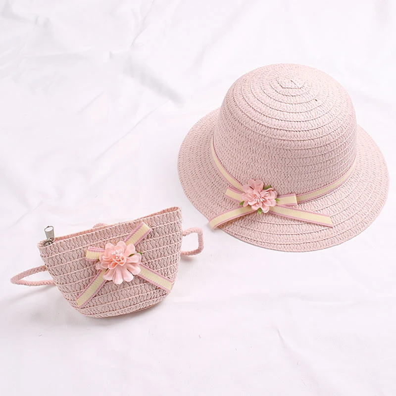 

2022 New Summer Children Straw Lovely Flowers Hat Kids Sun Hat Girl Summer Cap Beach Visor Hat Straw Bag Two-Piece Sets