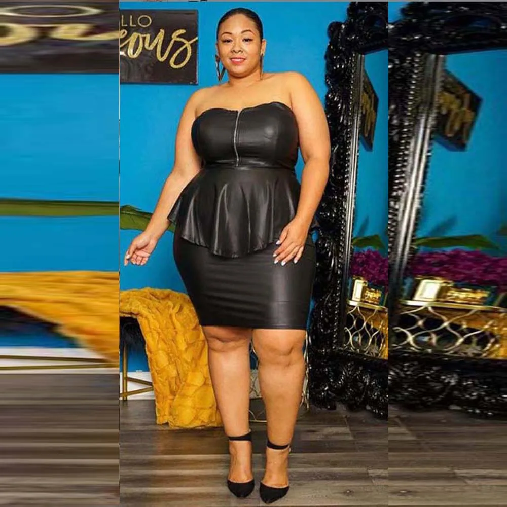 

Plus Size Women Pu Faux Leather Suits Strapless Cropped Tops High Waist Bodycon Short Skirt Set Party Club Lady 2 Pieces Outfit